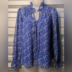 LOFT Royal Blue Floral Blouse with Tie Neck